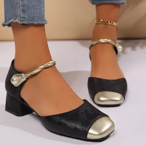Elegant Chinese style Mary Jane block heel shoes with pearl ankle strap and gold toe