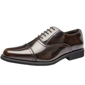 Polished dark brown leather cap-toe Oxford shoes for men's formal business wear