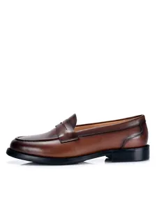 Gedetailleerd zijprofiel van een klassieke bruine leren penny loafer schoen voor heren