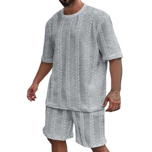 Herren Sommer-Freizeitset mit grauem Zopfmuster-Jacquard-Kurzarm-T-Shirt und Shorts.