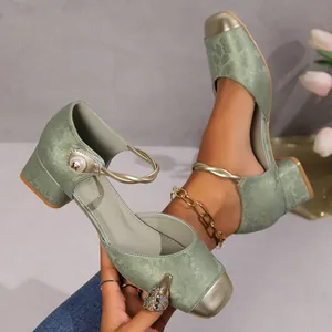 Elegant sage green floral brocade Mary Jane block heels featuring pearl strap and gold toe caps
