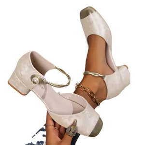 Chinese style Mary Jane block heel shoes with pearl detail and gold toe cap