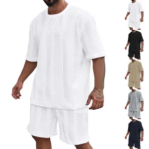 Herren Casual Trainingsanzug Zopfmuster Jacquard Kurzarm T-Shirt Und Shorts Set Polyester Baumwolle Sommer Outfit