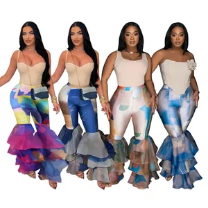 Γυναικείο Παντελόνι Καμπάνα Ψηλόμεσο Tie Dye Με Βολάν Αφηρημένο Τύπωμα Mesh Streetwear Club Παντελόνι Πάρτι