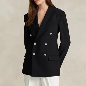 Premium electroplated metal brass buttons showcased on a black double-breasted blazer