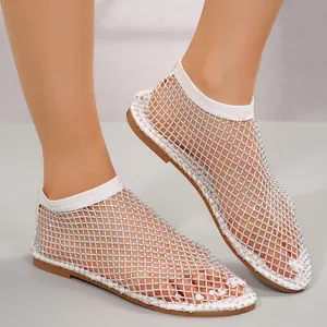 Sandalias Planas de Mujer de Malla con Diamantes de Imitación Sexy Punta Redonda Sandalias de Gladiador de Tubo Corto Tallas Grandes Moda de Verano