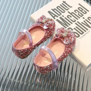 Chaussures Mary Jane roses scintillantes pour filles avec nœud en strass pour danse.