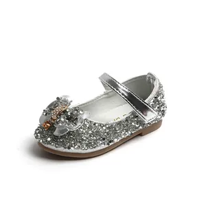 Chaussures Mary Jane argentées à paillettes pour filles avec fleur en strass scintillants