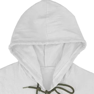Detailed macro view of white cotton linen hooded shirt for men featuring drawstring