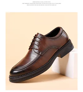 Detailed side view of elegant brown leather business shoes for men with textured finish