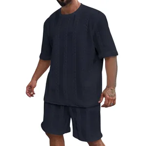 Herren Set in Marineblau mit Zopfmuster, bestehend aus Kurzarmshirt und Shorts für den Sommer