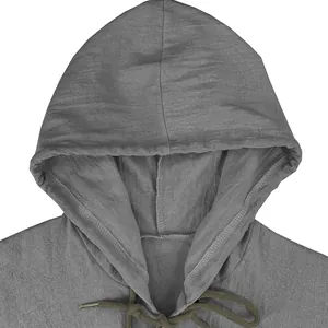 Detail of a grey cotton linen hooded shirt for men featuring a textured fabric and drawstrings