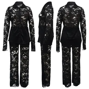 Vista multiángulo de conjunto de camisa y pantalón de encaje negro transparente