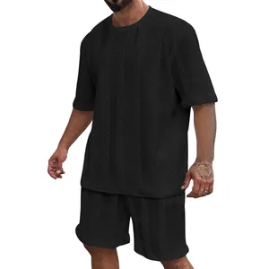 Herren Set aus schwarzem Zopfstrick T-Shirt und Shorts, lässige Sommer-Lounge-Kleidung