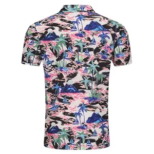 Detailed back view of a tropical Hawaiian print men's short-sleeve resort style shirt