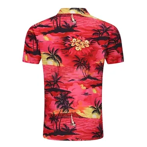 Back view detail of a vibrant red tropical sunset Hawaiian shirt with palm tree print