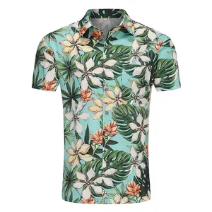 Mens tropical floral Hawaiian shirt with palm leaves and flowers for beach vacation