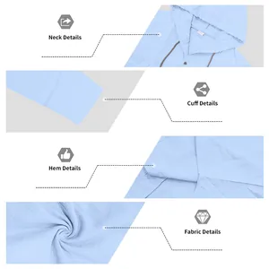 Nahaufnahmen von Hals, Manschetten, Saum und atmungsaktivem Leinenstoff eines blauen Kapuzenshirts