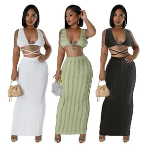 Women Sleeveless V-Neck Backless Lace-up Crop Top And High Waist Maxi Skirt Set Polyester Lace Solid Color Fashion Outfits