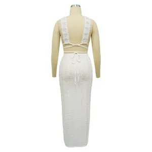 White lace sleeveless backless two-piece set with long skirt on mannequin back view