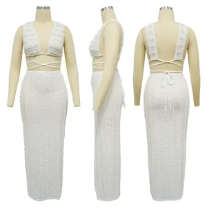 White lace sleeveless backless two-piece skirt set shown in front, side, and back views