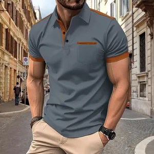 Men's casual grey polo shirt featuring stylish orange trim and a chest pocket