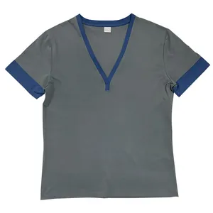 Lässiges graues Herren-T-Shirt mit V-Ausschnitt und stilvollem blauem Kontrastbesatz