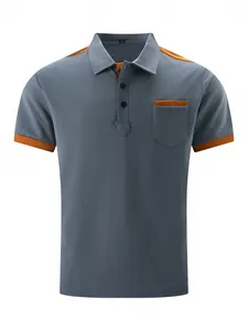 Detail showing the contrast color stitching and chest pocket of the men's polo shirt.