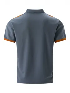 Back view of men's casual polo shirt in grey-blue with orange contrast trim detail.