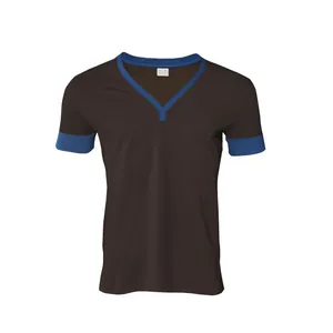 Lässiges Herren-T-Shirt mit V-Ausschnitt in Braun und blauen Kontrastbündchen.