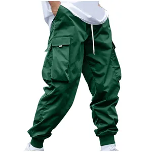 Dark green loose-fit cargo pants for men featuring multi-pocket design and jogger cuffs