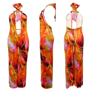 Multi-angle view of vibrant floral print halter neck backless wide leg jumpsuit