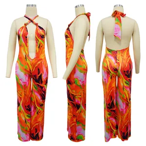 Detailed multi-angle views of a vibrant floral print halter neck backless jumpsuit.