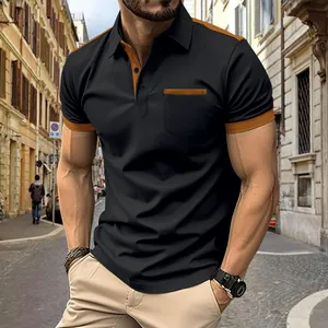 Men's casual polo shirt with chest pocket and contrast trim in black and camel color.