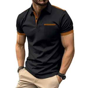 Stylish men's casual black Polo shirt featuring vibrant orange color-block accents and pocket