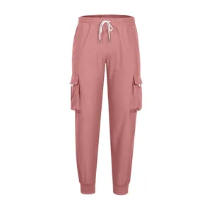 Men's dusty rose cargo jogger pants with elastic waistband and large side utility pockets