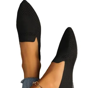 Bequeme schwarze spitz zulaufende Fly-Knit-Ballerinas für Damen mit Mesh-Gewebe