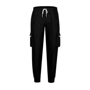Full front view of black men's cargo jogger pants featuring drawstring waist and pockets