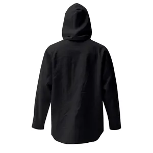 Rückansicht der lockeren Herren Leinenkapuzenjacke mit abgerundetem Saum in Schwarz.