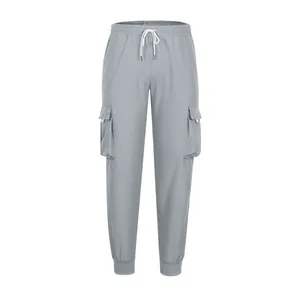 Front view of grey men's cargo jogger pants with elastic waist and side pockets