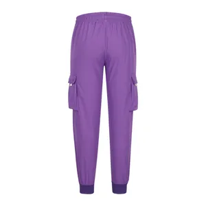 Detail showing the back view of purple cargo jogger pants with functional pockets