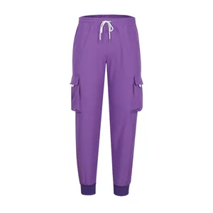 Front view of purple men's cargo joggers with multi-pockets and drawstring waist