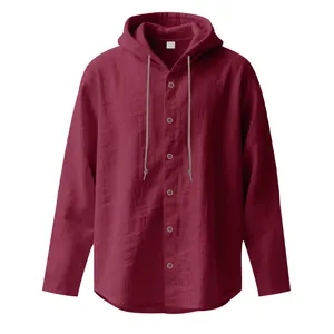 Detaillierte Ansicht der weinroten Leinen-Kapuzenjacke für Herren mit eleganter Knopfleiste