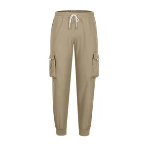 Front view of men's khaki cargo joggers with multi-pockets and drawstring waist