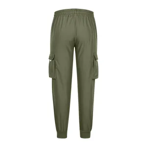 Back view of olive green men's cargo pants with multi-pockets and elastic cuffs