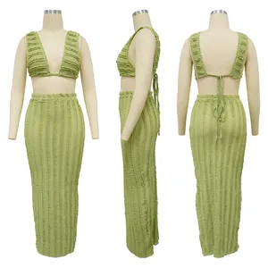 Light green two-piece ruffled lace sleeveless crop top and long skirt set views