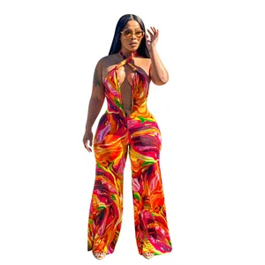 Full view detail of a stylish vibrant multicolor marble print halter jumpsuit for women.