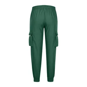 Back view of men's dark green cargo joggers with elastic waistband and side pockets.