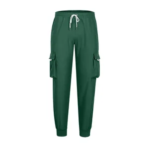 Dark green men's loose cargo pants with multi-pockets and elastic drawstring waist.