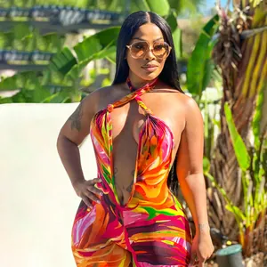 Vibrant colorful abstract print halter neck backless sexy jumpsuit for summer resort